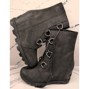 Sorel Joan of Arctic Wedge II Ankle Boots Womens Size 8 Lace Up Black Leather